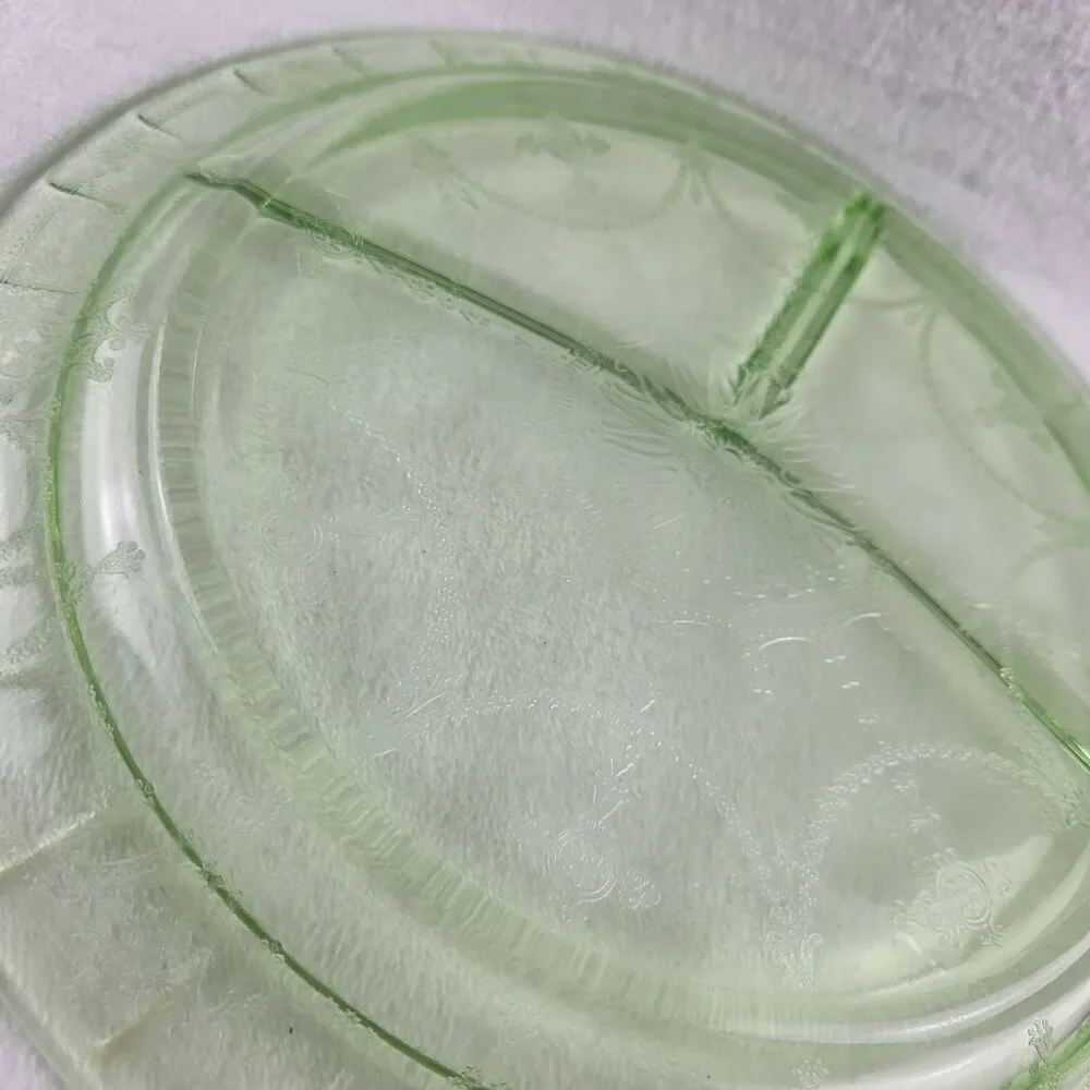 Uranium Glass Divided Plate Ballerina Cameo Dancing Girl Green Platter GLOWS